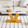 Modern minimalist coffee table. Tempered glass with stickers tabletop,golden MDF pillars. Suitable for living room and dining room