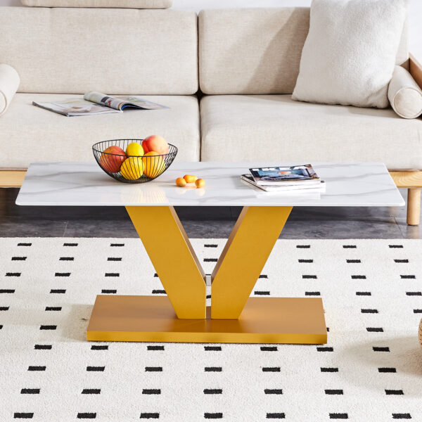 5e84fdf24db449aa9601047b98cdfbe7_1739a8931cb107b91582ccc77769843a Modern minimalist coffee table. Tempered glass with stickers tabletop,golden MDF pillars. Suitable for living room and dining room