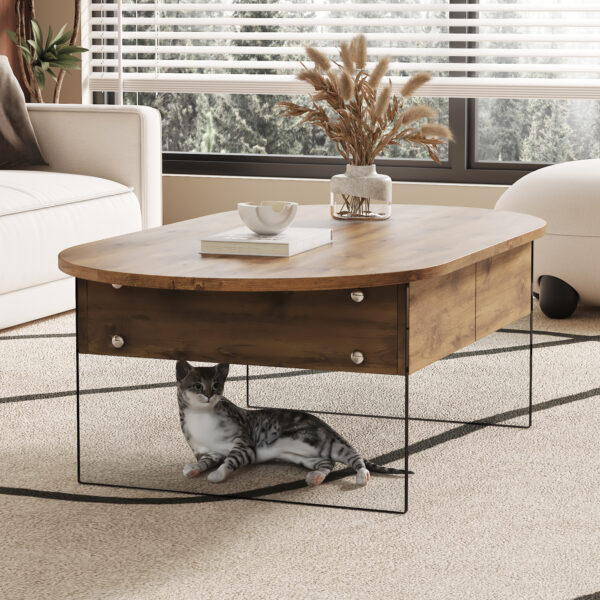 5e9f89e8630542938e4d88f2b3e387cb_50b4adb870eeb8bb5882e7799fb50395 Coffee table with double drawers. The board surface is MDF sticker, and both sides are transparent tempered glass. The design is simple and elegant, with excellent storage functions.