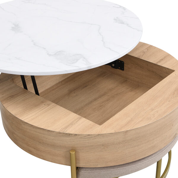 Modern Round Lift-Top Coffee Table with Storage & 3 Ottoman White & Natural