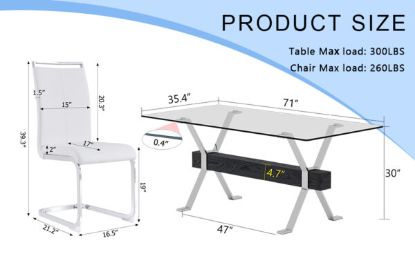 5ee6f0d5fdbf4c63acee852ca6d39780_e6838c294fe1cba22aa7c14420c94165 Table and chair set.Elegant Transparent Tempered Glass Dining Set - 71"x35.4" with 8 White PU Chairs with silver C-tube metal leg.