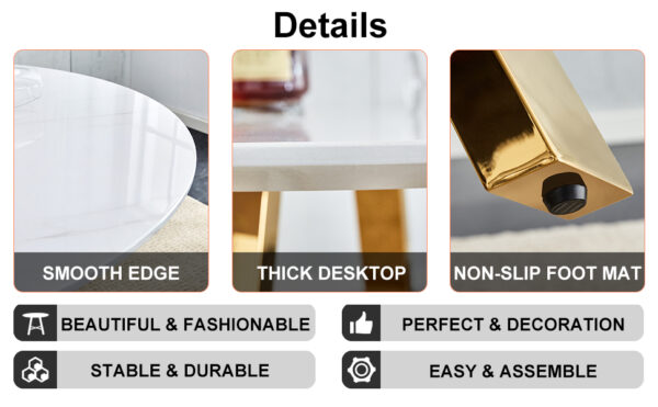 Modern minimalist white patterned circular dining table and coffee table. MDF desktop, diameter 42 inches, stainless steel metal legs, suitable for home and office use