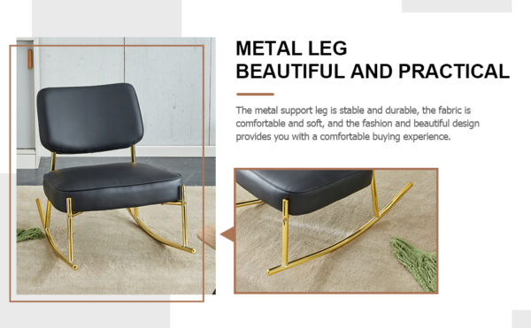 PU material cushioned rocking chair, unique rocking chair, cushioned seat, black backrest rocking chair, and gold metal legs. Comfortable side chairs in the living room, bedroom, and office