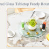 Double layer rotatable round glass.Golden aluminum plate,The rotatable design makes it convenient to retrieve and place items.The upper glass has a diameter of 20 inches,the lower glass15 inches.