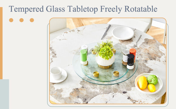 5f05b189f29f4ab1b55734e381f7b8b4_0414c00a5de3ac75a87c484c8c145152 Double layer rotatable round glass.Golden aluminum plate,The rotatable design makes it convenient to retrieve and place items.The upper glass has a diameter of 20 inches,the lower glass15 inches.