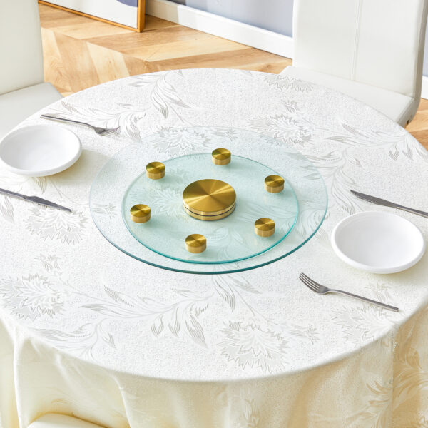 5f21697e918d42ab8269dbd290d903ca_5df0fd9f5d6a5e3787c3a5b3a37ad0c3 Double layer rotatable round glass.Golden aluminum plate,The rotatable design makes it convenient to retrieve and place items.The upper glass has a diameter of 20 inches,the lower glass15 inches.