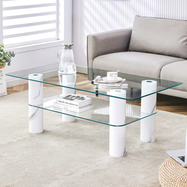 5f2bebcc90e3456886ec6dfdceb47374_20240311_f51603fb902d6b66829479feedc1993a Modern minimalist double layered transparent tempered glass coffee table and coffee table, paired with white MDF decorative columns. Computer desk. Game table. CT-X02