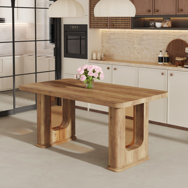 5f2eb925c52d41f193ae88b89a97e252_8eb1a5b23b1ddbc9801dfccc981a46ab 64.5 x 35.4 Inch Stylish Wood Color Textured Dining Table, Perfectly Blending Simplicity And Transparency. Made of MDF Material With Wood Grain Stickers, It Exudes A Strong Sense Of Fashion.