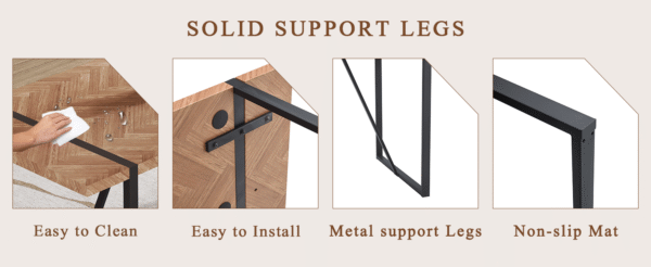 Table and chair set.A retro rectangular dining table with a wood color fishbone textured top and black metal legs.Paired With 4 Brown technology fabric chairs with Featuring arched black legs.