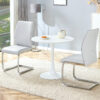 Table and chair set.Hourglass-Shaped Stable Small Round Table -31.9" * 31.9" With 2 Soft and Comfortable Light Gray PU Chair With Arched Metal Silver Leg.Create Your Exclusive Low-Key Luxury Space.