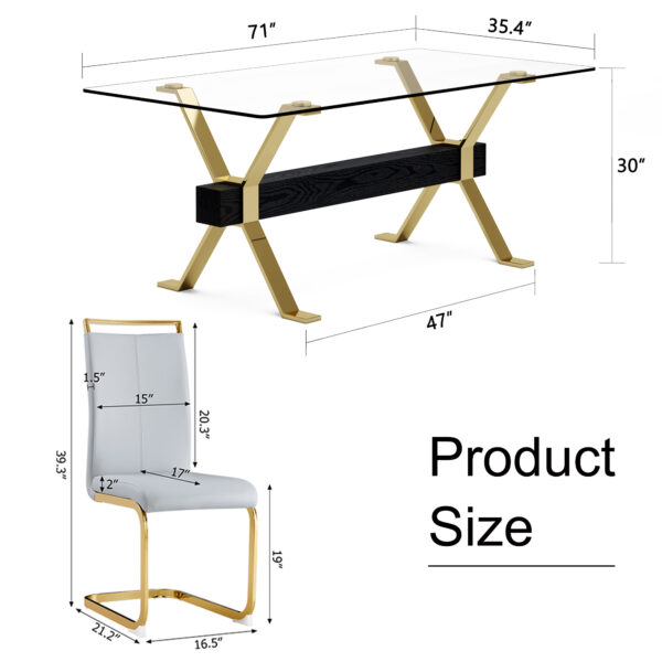 5f6d9e603d7c4dceb8fd7654fc02959c_03aaaa08ce3f6d0682604f3d6533b07e Table and chair set.Elegant Transparent Tempered Glass Dining Set - 71"x35.4" with 8 Light Gray PU Chairs with golden C-tube metal leg.X-shaped Golden Metal Table Legs,Black Textured MDF Crossbeam.