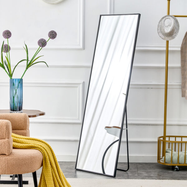 5f8831c196c942c494f6c3fb05ae1d51_ad7e32f3c4aa29712f308d1aa383d145 The 4st generation aluminum alloy metal frame wall mounted full body mirror, bathroom makeup mirror, bedroom, decorative mirror, clothing store, floor mounted large mirror, black 63 "* 20"W1151127265