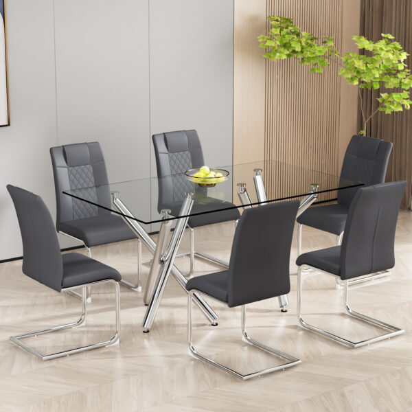 Modern Dining Chairs with Faux Leather Padded Seat Dining Living Room Chairs Upholstered Chair with Metal Legs Design for Kitchen, Living, Bedroom, Dining Room Side Chairs Set of 6 (Grey+PU)C-001