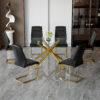 Table and chair set.Modern Luxurious Transparent Tempered Glass Dining Table Set with 6 Chairs.Single Fork Golden Metal Table Legs.Black high-quality PU dining chairs with golden metal legs.