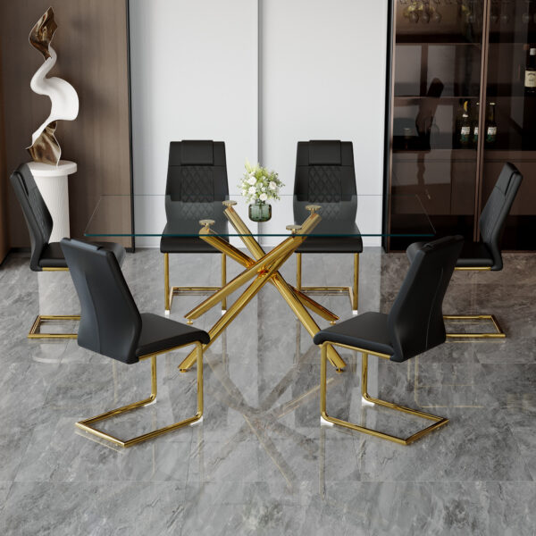 5fc47aaad4a241e2b2b41e4d5b004f9e_d0ad0fb251b8e45b2448ea34eb7574cf Table and chair set.Modern Luxurious Transparent Tempered Glass Dining Table Set with 6 Chairs.Single Fork Golden Metal Table Legs.Black high-quality PU dining chairs with golden metal legs.