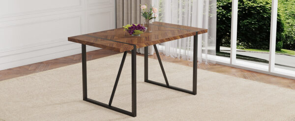 5fd1474d4784410bb042bb85fae4eebf_2c4cd0e0380e7fba7b69d5a04d8bae05 A minimalist retro rectangular dining table with a specially textured top and black metal legs.Contemporary Minimalist MDF Dark Wood Textured Tabletop.Able To Give People A Visual Beauty With Rules.