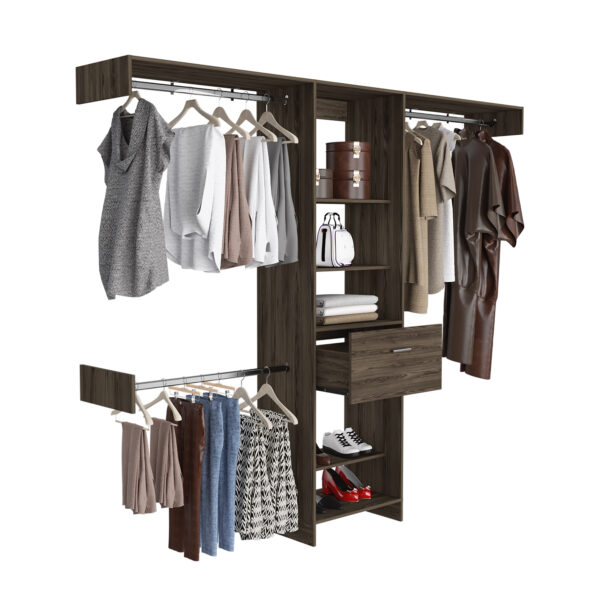 5fd9ad3a844a4046b0024042fc9e14f4_f23d472da3177c69b5130dc3d9c274ce Cross Closet System, One Drawer, Three Metal Rod, Five Open Shelves