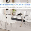 Table and chair set.Elegant Transparent Tempered Glass Dining Set - 71"x35.4" with 8 White PU Chairs with a vertical stripe design on the backrest.