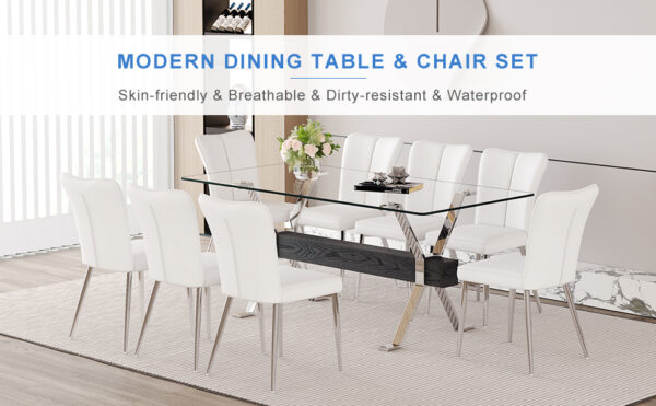 5fdb4d366ee64c67bce239dfe7de4e15_88bac8aa5f99612333b9bf4d89164df4 Table and chair set.Elegant Transparent Tempered Glass Dining Set - 71"x35.4" with 8 White PU Chairs with a vertical stripe design on the backrest.
