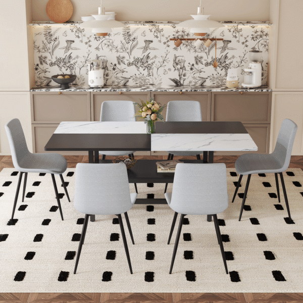 5ff8c7a723004fb8946c667dbd21611a_2a6daf403d1deb45dd5c42cd7c0e7a00 Table and chair set.71*35.4 inch White And Black Spliced Dining Table With Storage Function In The Middle Of The Table Legs.Paired With 6 Light Gray Linen Dining Chairs With Curved Widened Cushion.