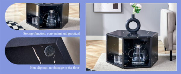 601ff9160ab74dd8bd49883216f5117a_866782f1d3a11e094c732202feb531b4 Hexagonal MDF coffee table, characteristic pattern stickers, multi-hole design to give more storage space, simple and convenient design makes it suitable for all kinds of style scenes.