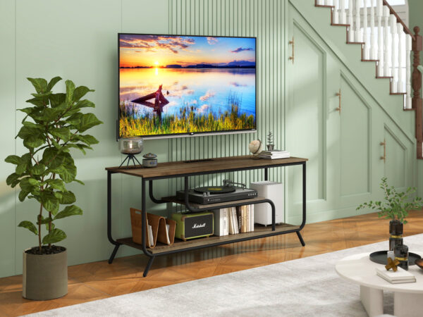 There are installation videos and scene videos. TV socket and LED light - TV stand TV up to 55 ", small unit modern TV console suitable for living room and bedroom, light grey