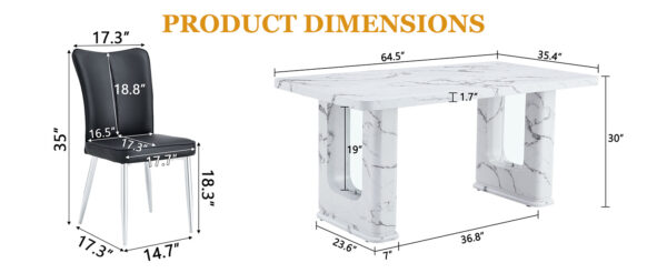 604bb0cd8e564c649ad839f1de415a7a_e6641279d14cac794fc96007252c9670 Table and chair set.64.5x35.4 Inch Stylish White Marble Textured Dining Table.Paried With 6 Black PU Chairs with a vertical stripe design on the backrest.Create Your Exclusive Low-Key Luxury Space.