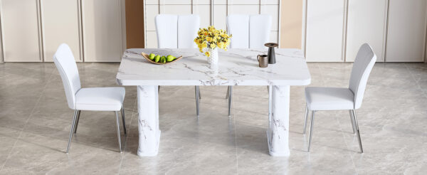 604e0c20de184971804cf8ba59095622_54fcf84caa3491482b3efb761105085f Table and chair set.64.5x35.4 Inch Stylish White Marble Textured Dining Table.Paried With 4 White PU Chairs with a vertical stripe design on the backrest.Create Your Exclusive Low-Key Luxury Space.