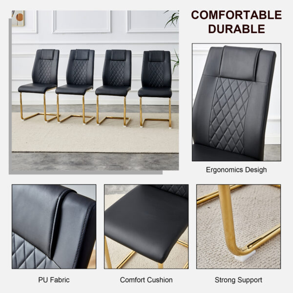 60a6258e8a2d4366ac9ceedf3830dc2e_90120a8f91b75db303f9644287cff8a2 Table and chair set.Subtle Luxury Tempered Glass Dining Set - 63"x35.4" with 6 Black PU Chairs with golden C-tube metal leg.Arched Metal Gold Leg.White imitation marble texture sticker Tabletop.