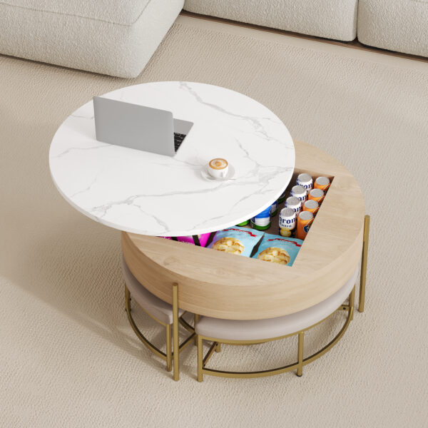 Modern Round Lift-Top Coffee Table with Storage & 3 Ottoman White & Natural
