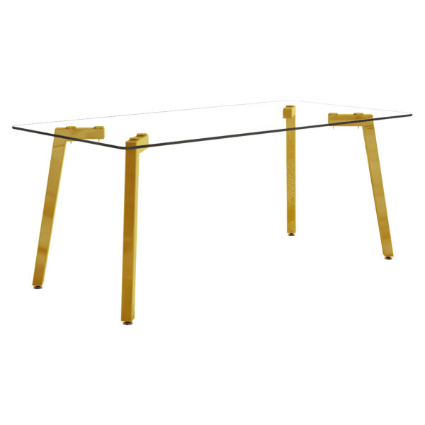 60c7ea6460b24cfb8fb54917bab540ac_8fde0a987e02afe41d26c7629f3c706d 71 * 35.4 inch rectangular dining table. The transparent tempered glass tabletop is paired with golden 7-shaped metal table legs, showcasing a minimalist texture. Suitable for various places.