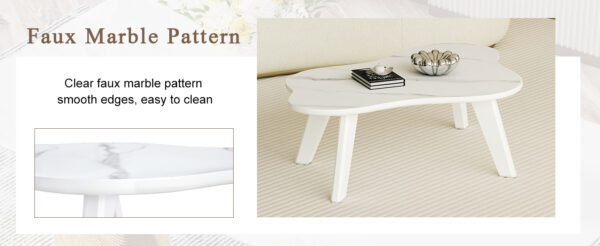 60d297f8976d43e89402658e31597f61_cbb6c81699aa47631182b5ec0fa227f6 Modern minimalist white imitation marble tabletop coffee table. Solid wood spray painted desk legs, cloud shape to give you a new experience, computer desk. Suitable for dining and living rooms.