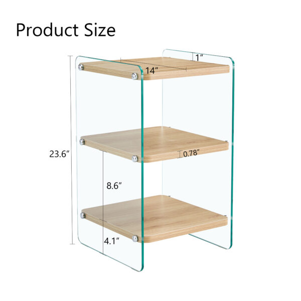 Three layer bedside cabinet.The board is made of MDF with wooden stickers, with transparent tempered glass on both side.The design is simple and elegant, with powerful storage function.Storage cabinet