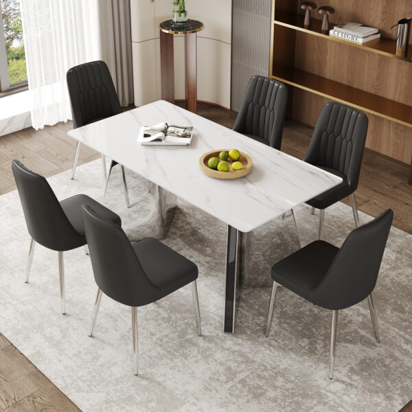 60eb64d240c24d9f80c2b3db2726b523_2e11deae2c612898c974ccbfb39d9ac7 Table and chair set.63"x31.5x30" Luxurious Snow Mountain Patterned Sintered Stone Table with Silver Metal Butterfly Legs.Paired With 6 Black Chairs With Silver Metal Legs.Modern Light Luxury.