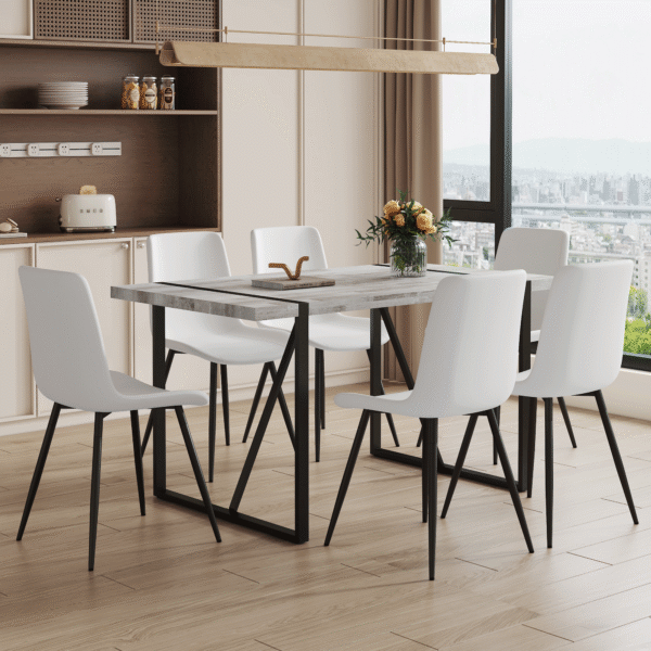 60ef93b90bca46ca84672aa8a94756a4_39c7e1e8e15e4c9008b46b6eb690c6f5 Table and chair set.A minimalist retro rectangular dining table with a specially textured top and black metal legs.Paired With 6 White Artificial PU Chairs With Curved Widened Cushion Design.