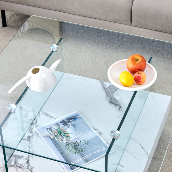 60fe930073ce49119c345f264b4d5445_6061d48a97b02c371676e347fedaaf74 31.4 Inch Modern Two-Tier Square Coffee Table - An Elegant Combination of Clear Glass and White Marble Pattern Sticker.It can be used as a coffee table,a side table or a display stand.