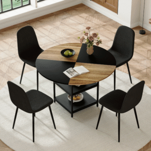 Table and chair set. A 47.3-inch diameter modern spliced color circular dining table - double-layer storage.Paired With 4 Black Linen-Cotton Material High Resilience Dining Chair with Metal Black Leg.