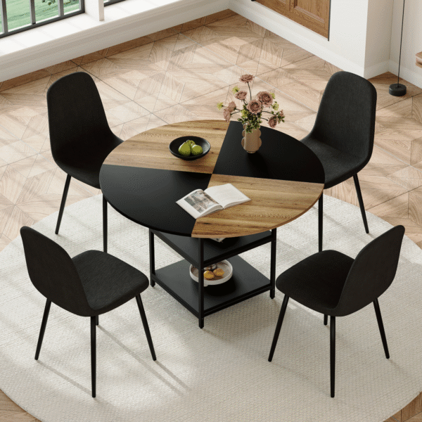 610341ea31af473381396a61bef972a8_18478df89db8881d4aa1934b2af19024 Table and chair set. A 47.3-inch diameter modern spliced color circular dining table - double-layer storage.Paired With 4 Black Linen-Cotton Material High Resilience Dining Chair with Metal Black Leg.