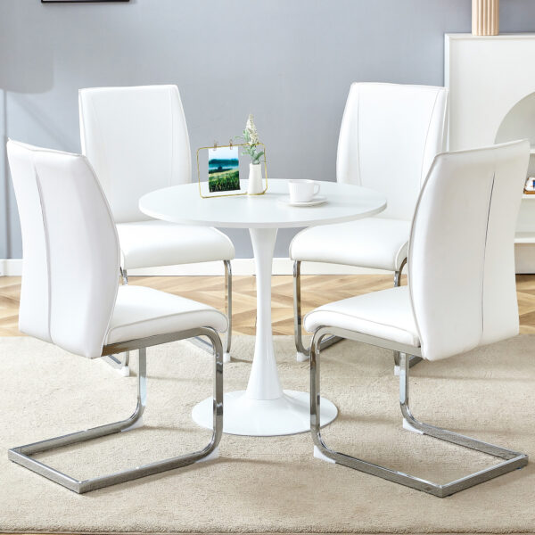 610c4d5a9f42478fa28848ff3a9deabc_5525ced5e0e590c7546175963db15477 Table and chair set.Hourglass-Shaped Stable Small Round Table -31.9" * 31.9" With 4 Soft and Comfortable White PU Chair With Arched Metal Silver Leg.Create Your Exclusive Low-Key Luxury Space.