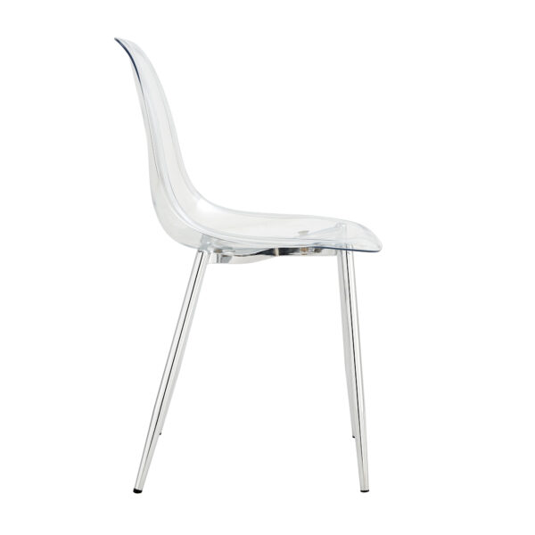 611c21085bfb4aba9f2f00d2f2c0d5c4_fa93e957fd6bde8a4744037e60a9e13c Transparent and stylish ergonomic dining chair unlocks a new experience of lightweight fashion, comfort, and stability. Transparent seat cushion, silver metal legs. One box of three.