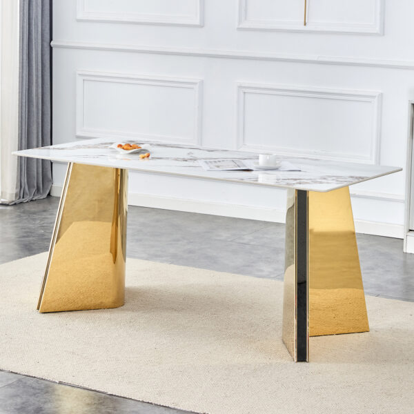 61290eca3ae4464b8d9d3bbab55bb772_779e22d17e14ff32664dff8bf688e977 63"x31.5x30" Luxurious Cold Jade Slab Dining Table with Golden Stainless Steel Butterfly Legs.The tabletop is designed to be scratch and heat resistant.Slabs Tabletop,Golden Stainless Steels Legs.