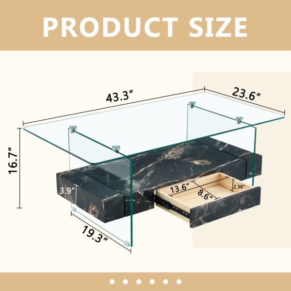 6152327fd2594ce6a7a4e872449d7064_2d16ee9c94fbafb73089c3631e0d2499 43.3 Inch Modern Two-Tier Coffee Table - Clear Tempered Glass and Black Marble Texture, Multifunctional Storage Design.The bottom tier includes a drawer.Can be used as a coffee table,side table,etc.