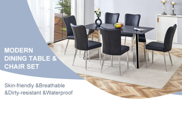 615baccbf0654b11b391879001777298_441dd33b4042772ee7d4b01cc7b8812c Table and chair set.63"x31.5x30" Black Marble-Patterned Slabs Tabletop with Stainless Steel Butterfly Legs.Paired with 6 Black PU dining chairs with a vertical stripe design on the backrest.
