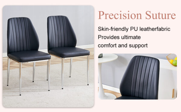 618f7a9b98184cbe8dd9d50f2f5322e8_edc12e672205b3a4cfd70a4dad326c62 Set of Four Black PU Comfort Dining Chairs (17.7"x25").Dining chair with extended backrest,BLACK PU,Silver metal legs,Suitable for various places such as family restaurants, hotels, coffee shops,etc.