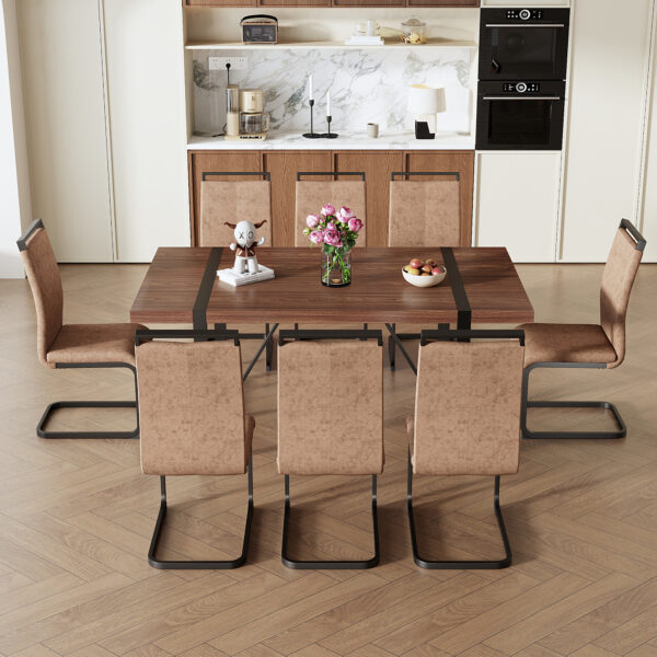 6192a0abc15545a6920c9a1eac334875_d863ed789f8c499a5e317aa64cb95956 Table and chair set.Industrial Style Walnut-Colored Rectangular Dining Table - 71"x39.3" Large Size.Paired with 8 brown technology fabric chairs with Featuring arched black Metal legs.