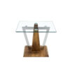 Modern minimalist transparent tempered glass coffee table with wooden MDF legs and stainless steel decorative columns. Computer desk. Game table. CT-907
