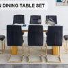 Table and chair set.Large modern rectangular table with 0.4 inch patterned glass tabletop and large MDF table legs.Comes with 8 chairs with faux leather cushioned seats and golden metal legs.