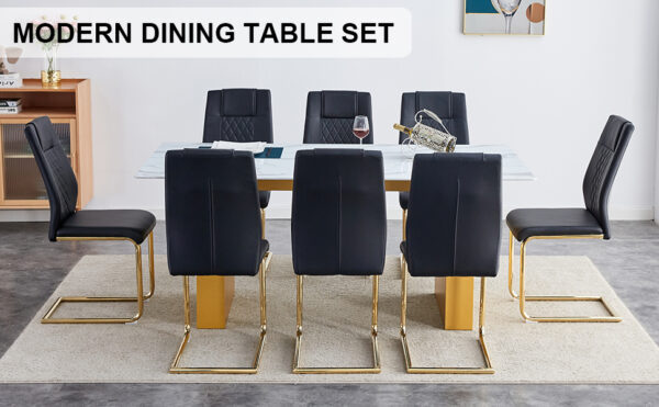 61b47c2617274ffebfcccbb6eaf91ea3_a2c5cebe2762013821d55d4713309cdb Table and chair set.Large modern rectangular table with 0.4 inch patterned glass tabletop and large MDF table legs.Comes with 8 chairs with faux leather cushioned seats and golden metal legs.