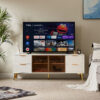 Deluxe Sculpted Modern Fashion Geometric Style TV Stand, Aluminum Frame Tempered Glass Door 4 Drawer Chest with Adjustable Metal Feet ,White,59.9"L x 15.7"W x 21.7"H