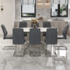 Table and chair set.Modern Luxurious white Marble-Patterned Tempered Glass Dining Table with 8 Chairs.Single fork silver metal table legs.Dark Gray PU dining chairs with silver metal legs.